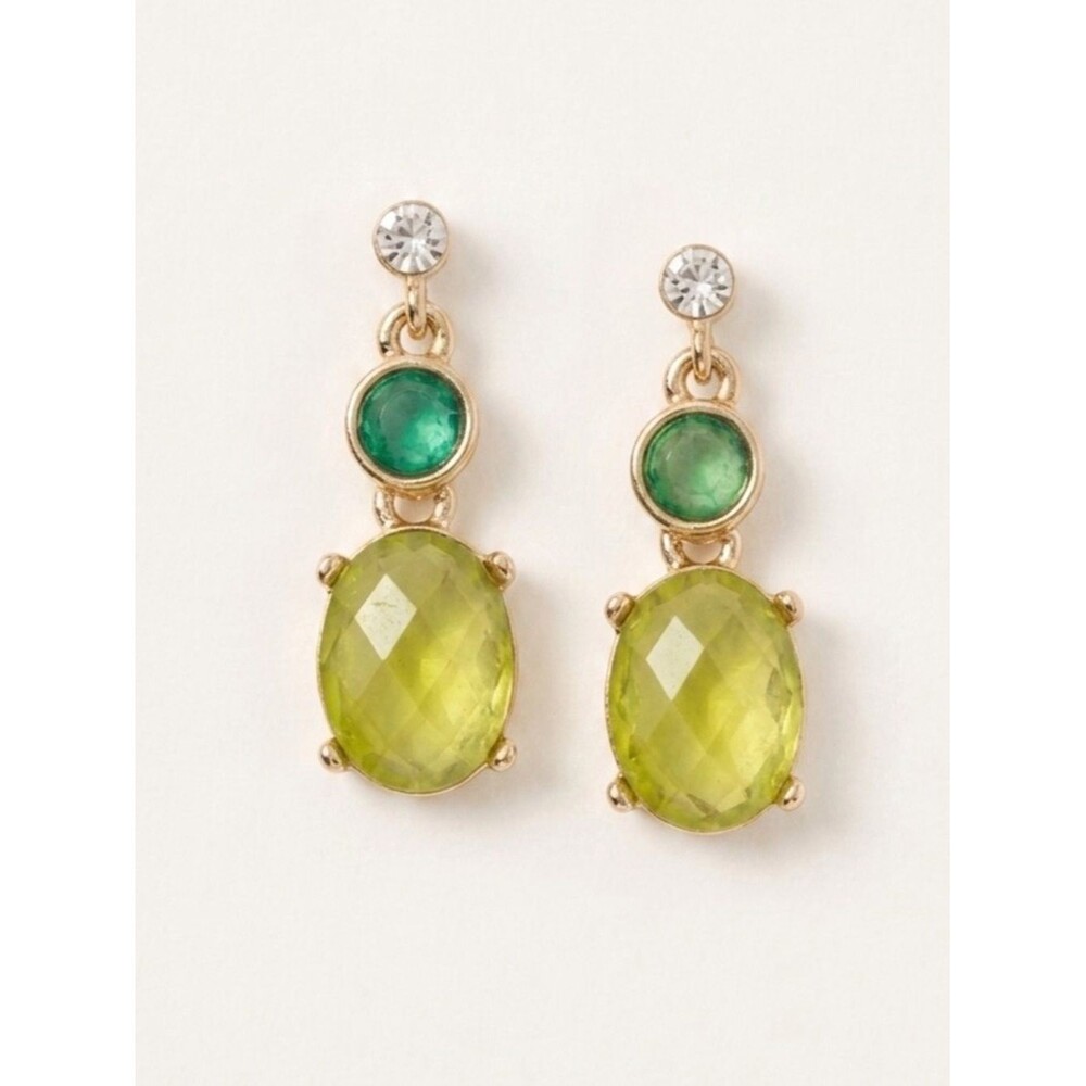 Vintage Gold Tiered Drop Earrings Green & Chartreuse Faux Stone 1” Dangle Boho